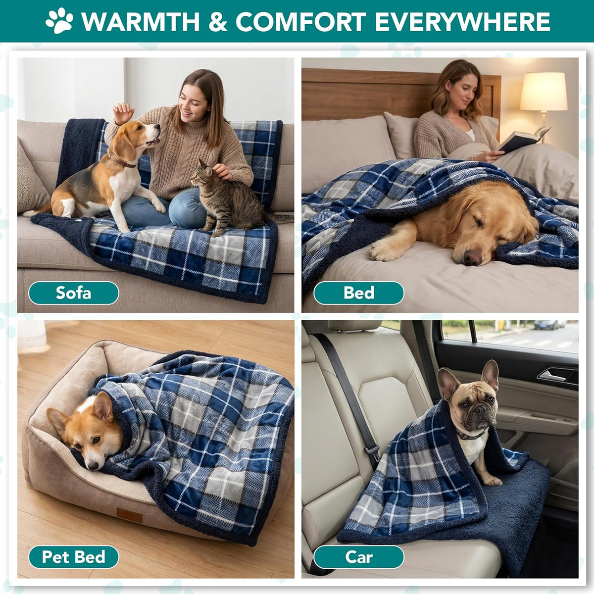 Reversible Sherpa Fleece Plaid Pet Blanket – XL (80" x 60", Navy Blue)