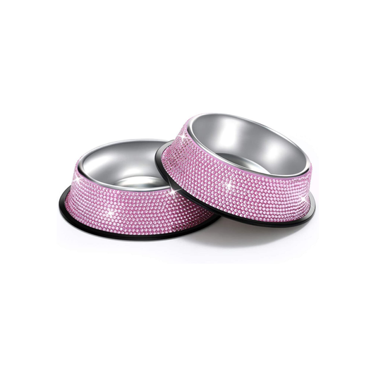 Bling Dog Bowls Pink, 640ML Handmade Bling Rhinestones Stainless Steel Pet Bowls Double Food Water Feeder for Puppy Cats Dogs - Set of 2