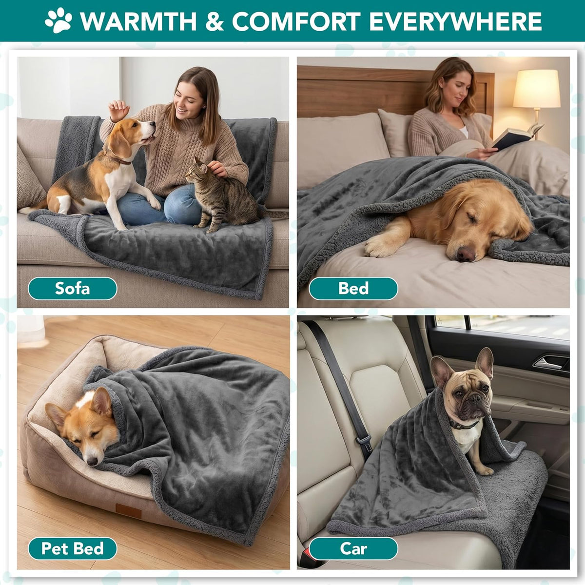 Reversible Sherpa Fleece Pet Blanket – Small (40" x 29", Gray)