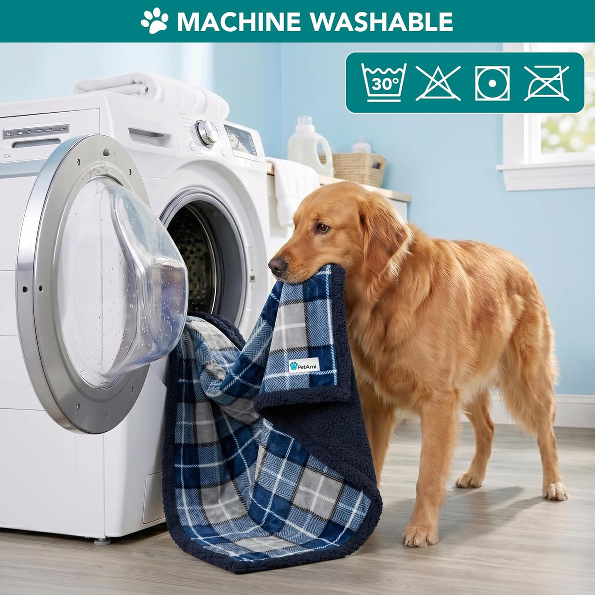 Reversible Sherpa Fleece Plaid Pet Blanket – XL (80" x 60", Navy Blue)