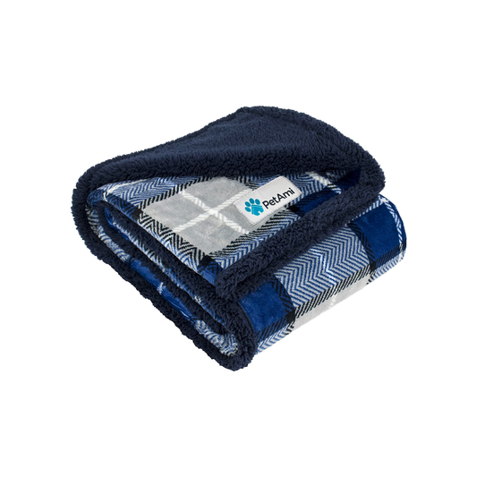 Reversible Sherpa Fleece Plaid Pet Blanket – XL (80" x 60", Navy Blue)