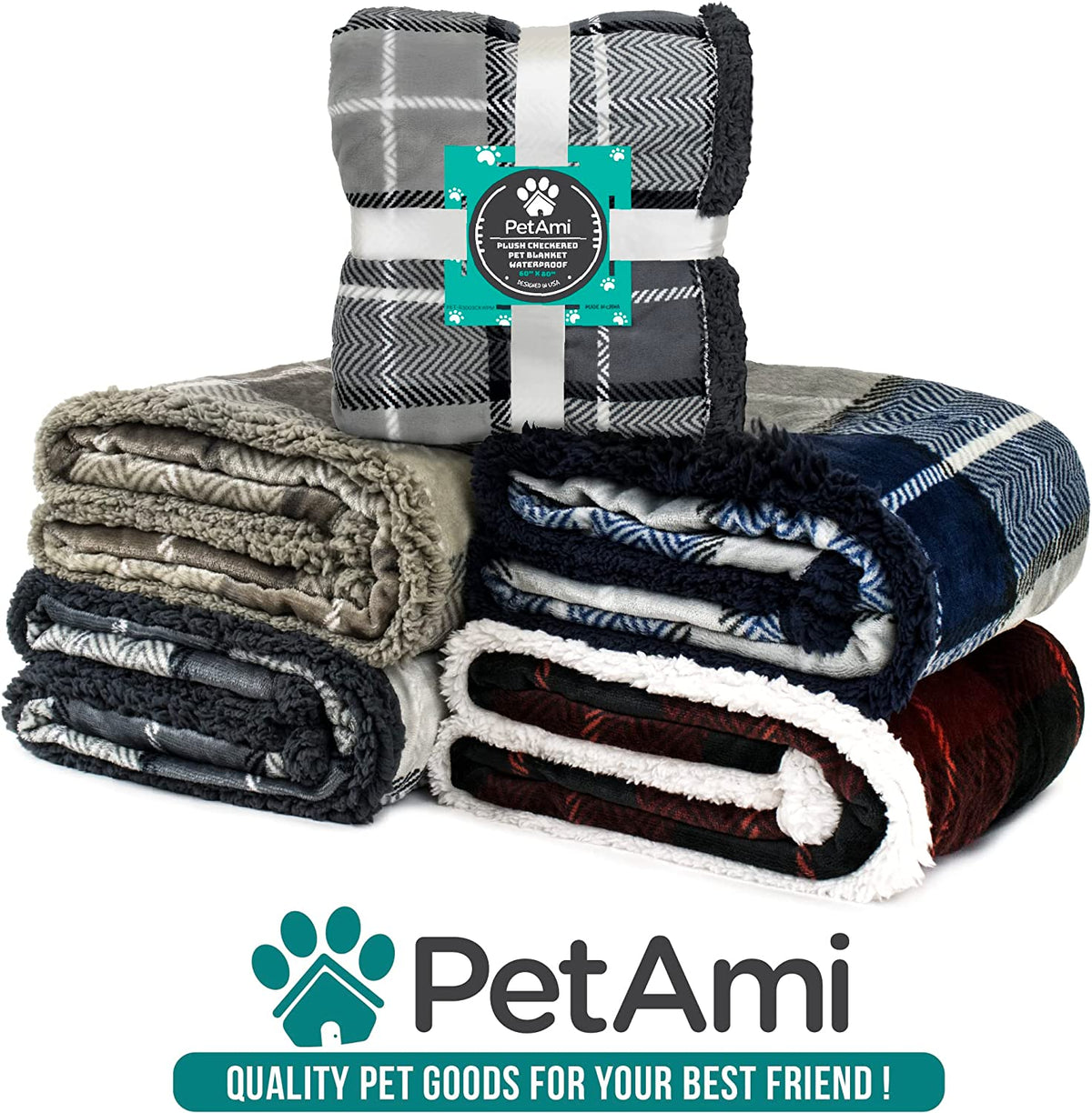 Reversible Sherpa Fleece Plaid Pet Blanket – XL (80" x 60", Navy Blue)