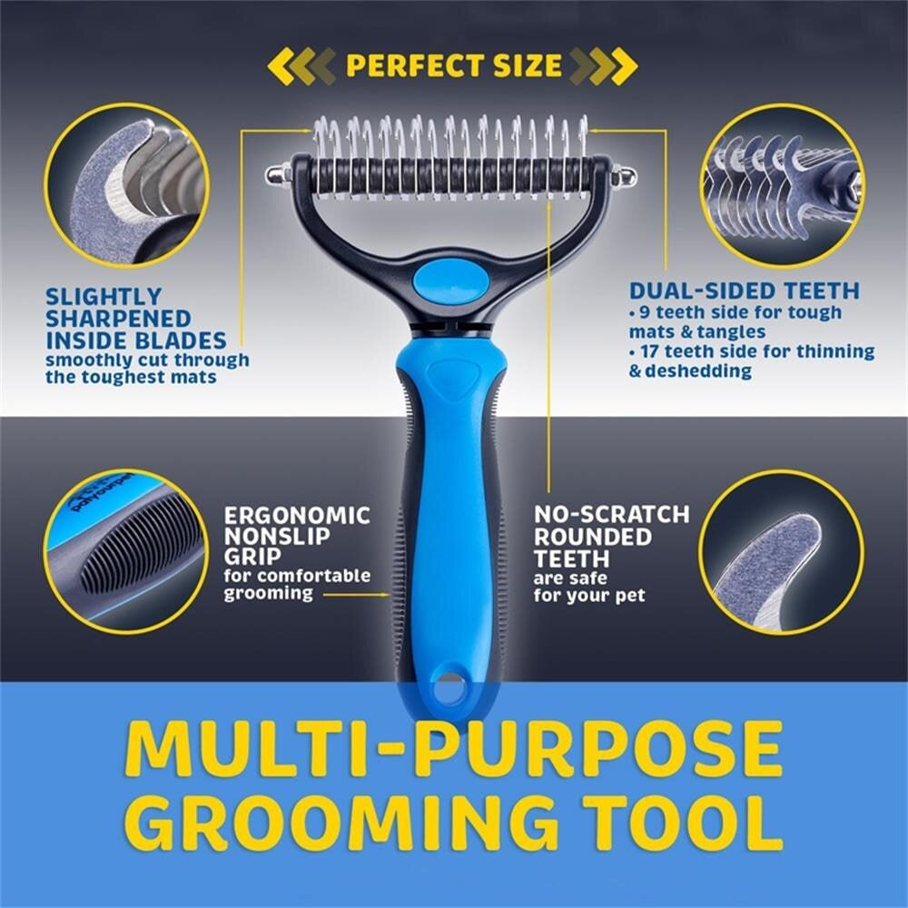 2Side Dog Brush for Shedding Dematting Pet Grooming Cat Hair Undercoat Rake Comb