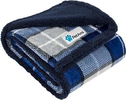 Reversible Sherpa Fleece Plaid Pet Blanket – XL (80" x 60", Navy Blue)
