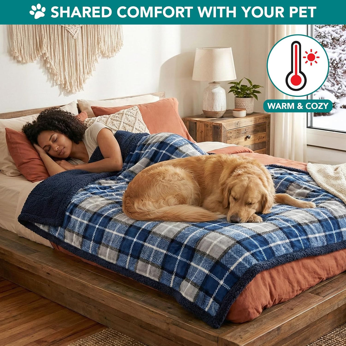 Reversible Sherpa Fleece Plaid Pet Blanket – XL (80" x 60", Navy Blue)