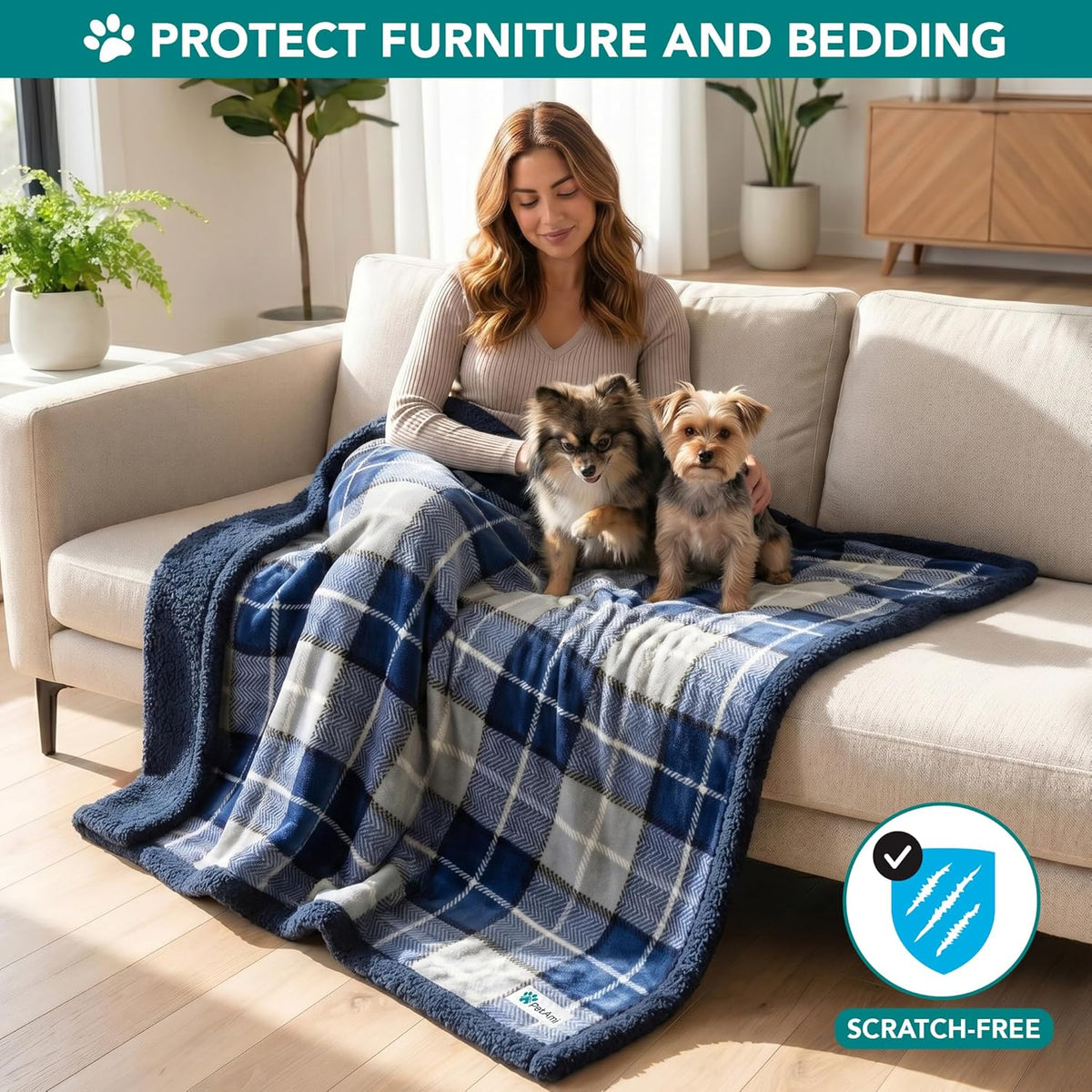 Reversible Sherpa Fleece Plaid Pet Blanket – XL (80" x 60", Navy Blue)