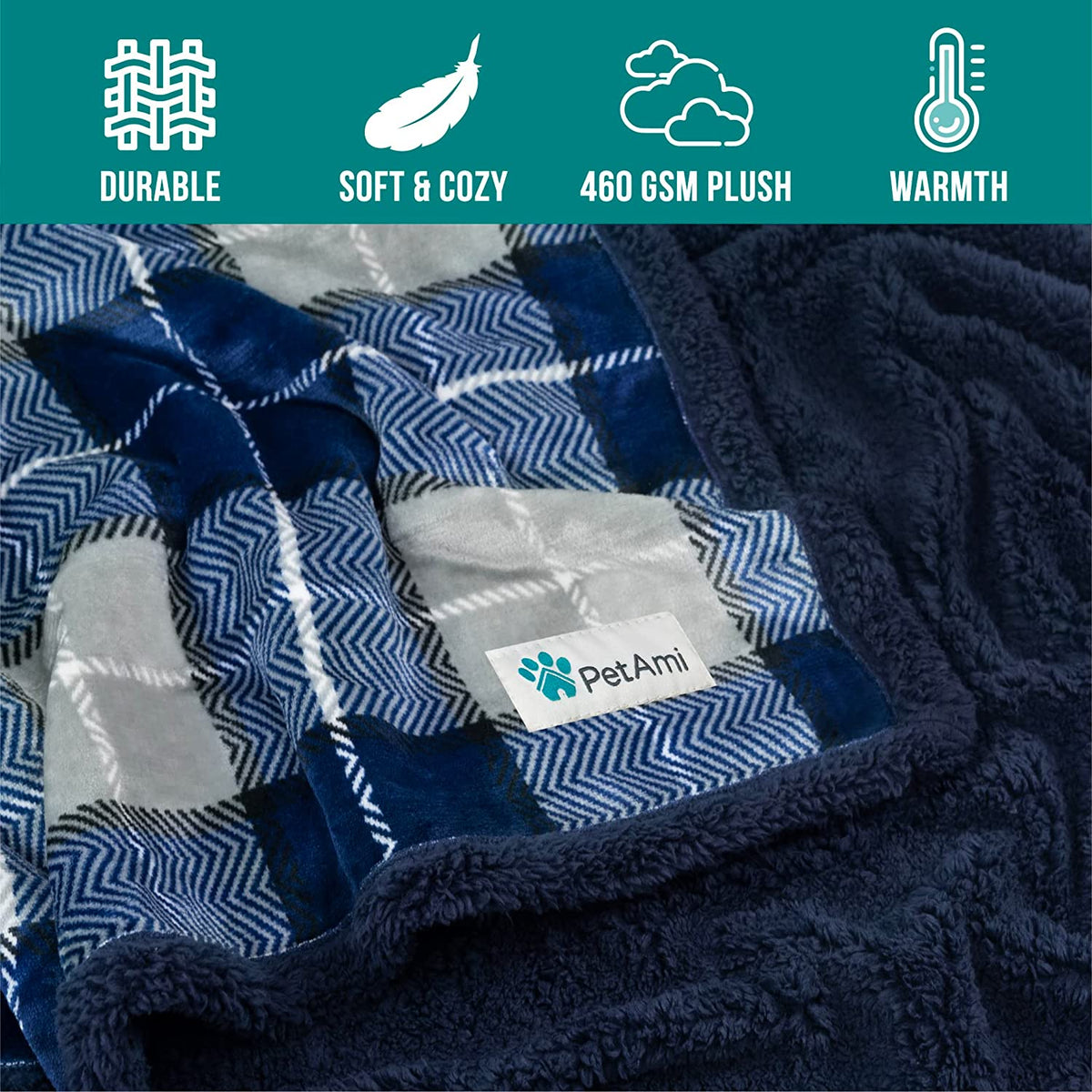 Reversible Sherpa Fleece Plaid Pet Blanket – XL (80" x 60", Navy Blue)