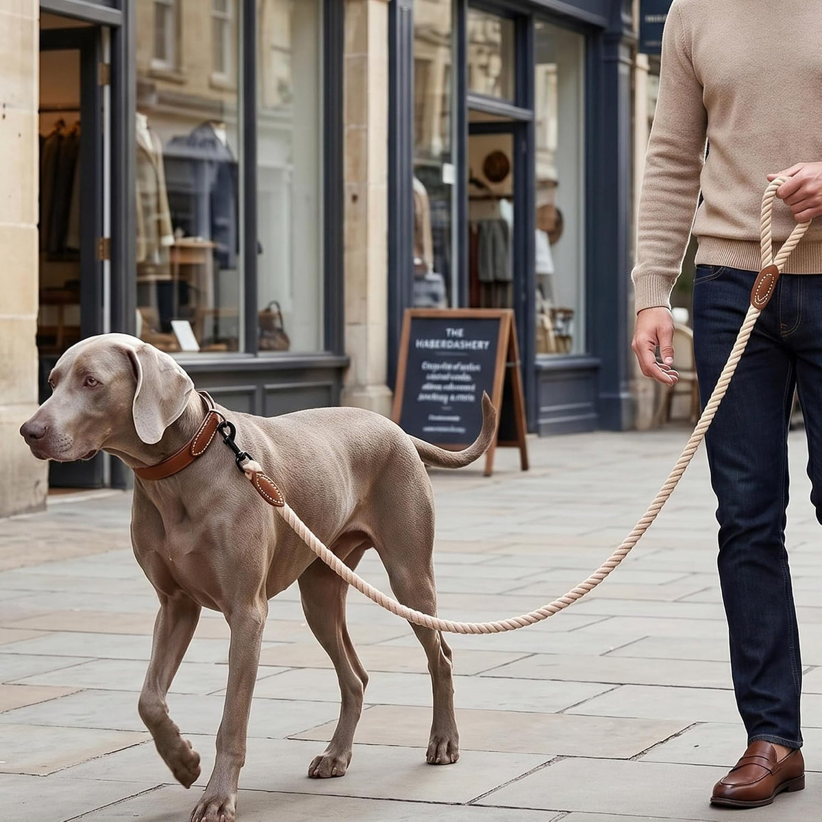 Dog Leash Braided Cotton Rope with Leather-Reinforced Ends | Rust-Proof 360° Swivel Clasp, Heavy-Duty for Medium/Large Dogs. Great for Weddings, Daily Walks (6 FT, 1/2", Light Brown)